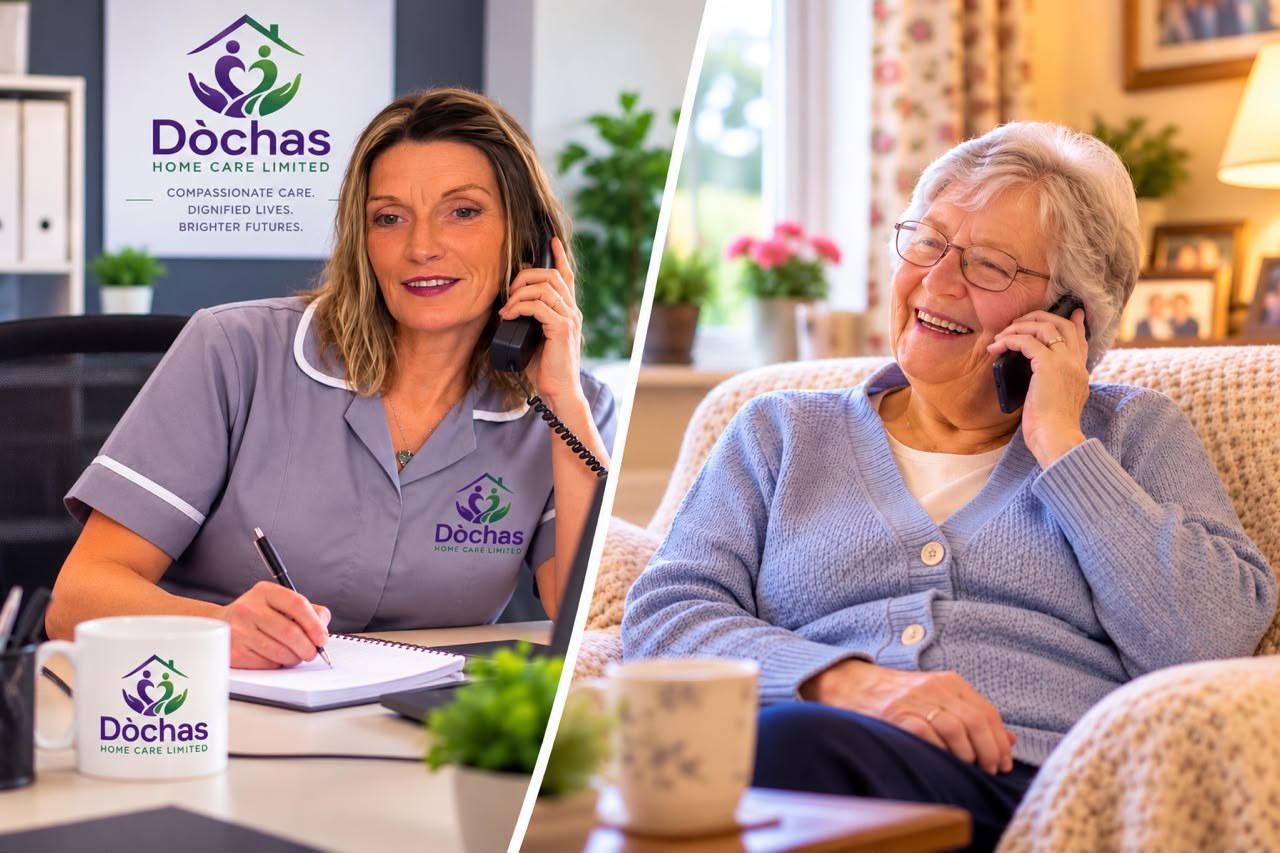 A Dòchas care worker on the phone, and a client on the phone at home, representing the start of an enquiry