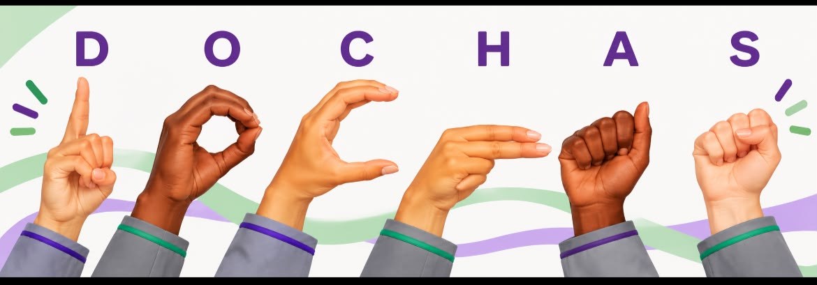 Hands of different skin tones spelling out D-O-C-H-A-S in sign language, representing diversity and inclusion at Dòchas