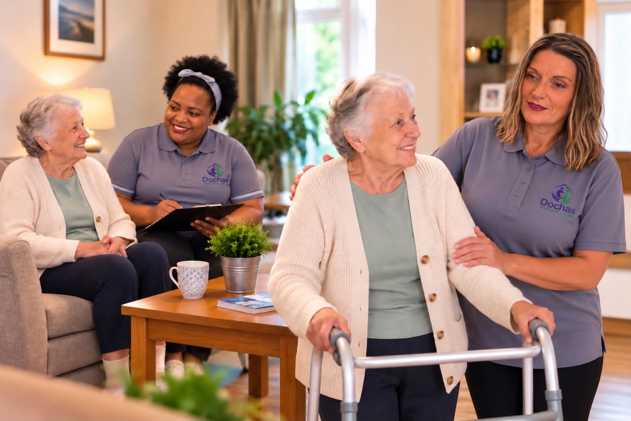 A Dòchas care worker supporting an older woman using a walking frame at home, while a colleague takes notes and another resident looks on