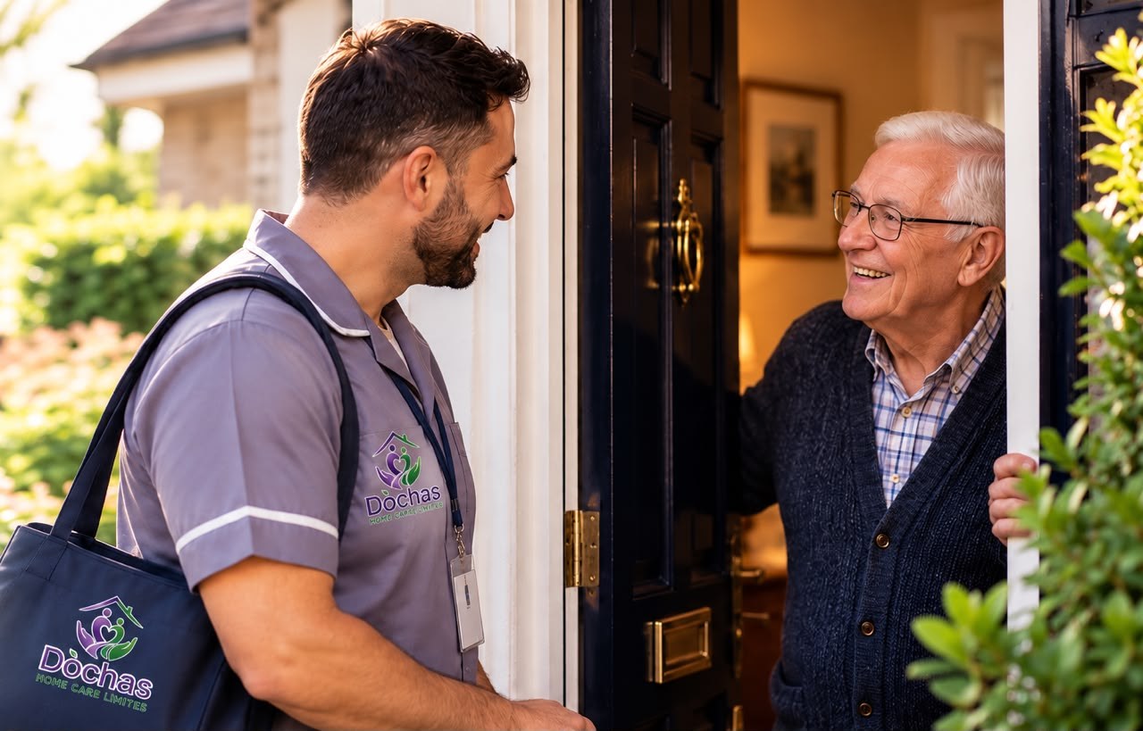 A Dòchas care worker greeting an older man at his front door