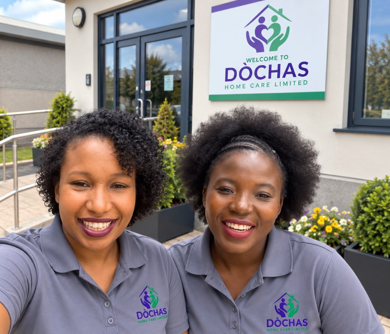 Two members of the Dòchas team smiling outside the Dòchas Home Care office, wearing Dòchas uniforms with the logo visible, beneath the Welcome to Dòchas sign