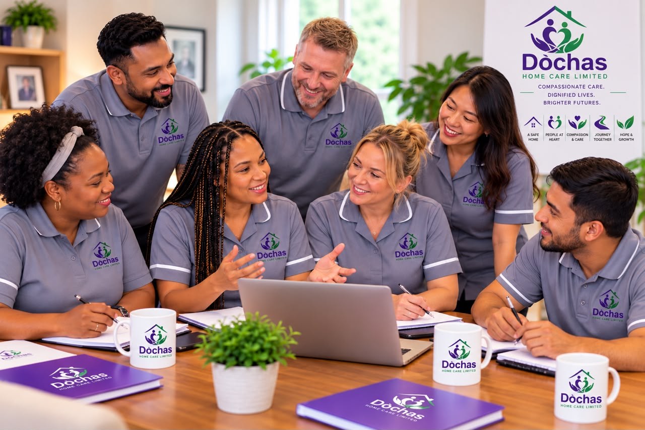 The Dòchas team gathered around a laptop in a team meeting, wearing Dòchas uniforms